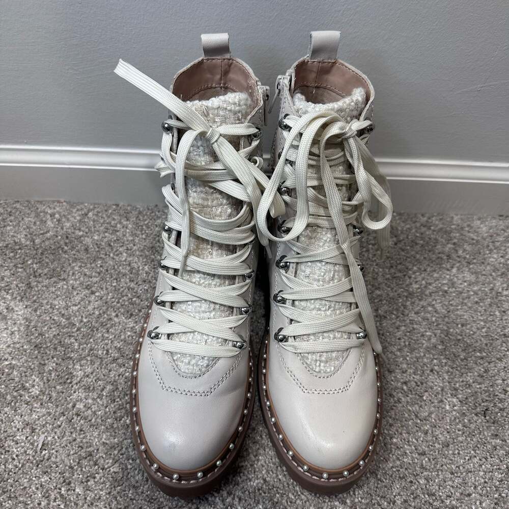 Steve Madden Rainier Leather Bone White Combat Boots with Pearl Stud Trim, Sz 8 - Picture 3 of 8